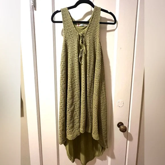 Free People Beach Sz XS Sage Green Crochet Dress High Low H Boho Dress w Ties - Picture 3 of 6